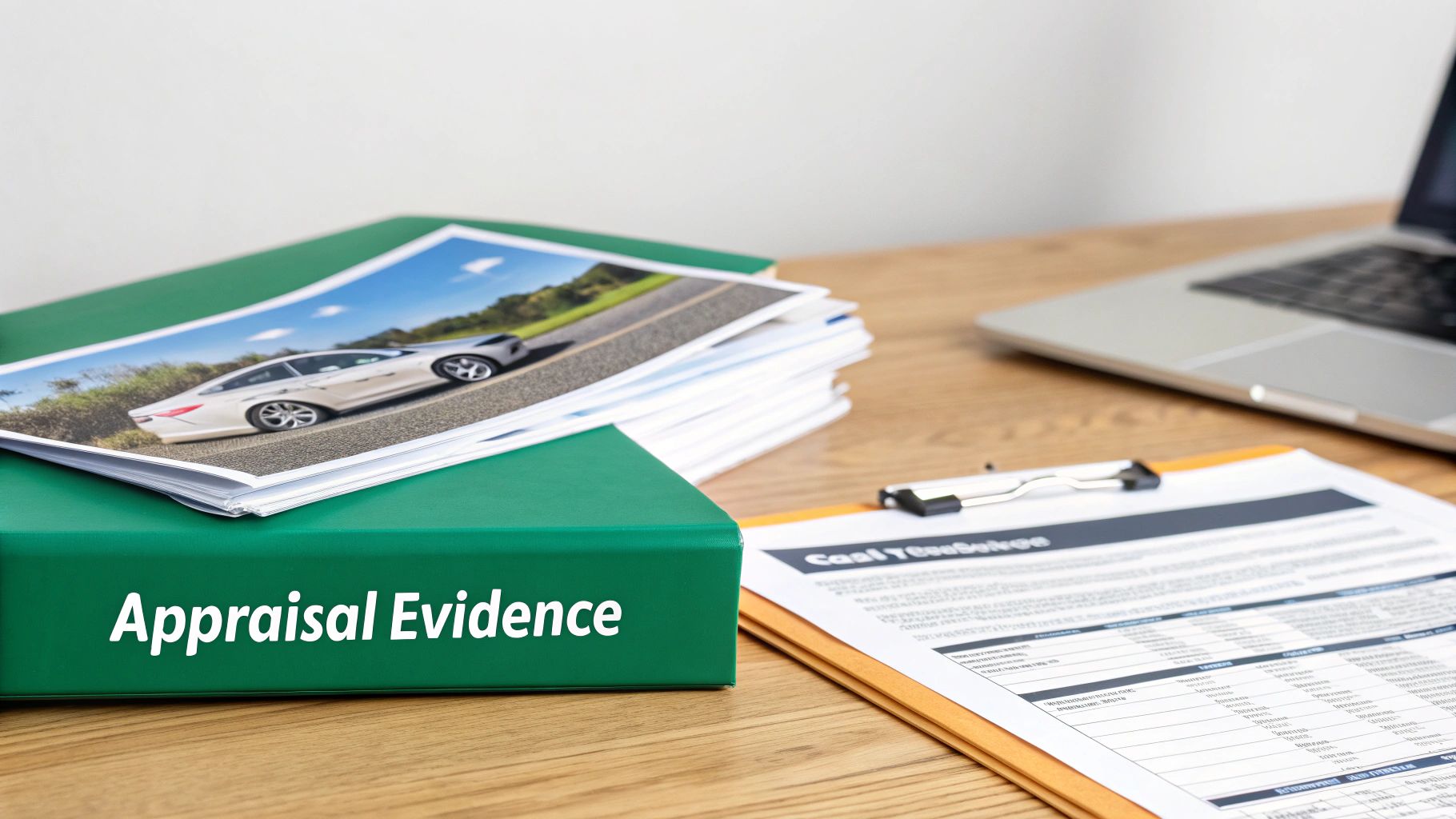 A green binder labeled 'Appraisal Evidence' with car photos, a document, and a laptop on a desk.