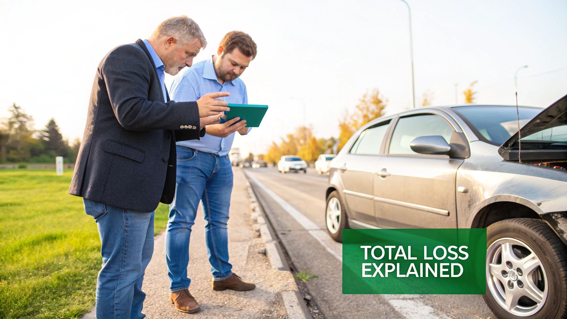 Two men discuss vehicle damage with a tablet next to a car with an open hood, labeled 'TOTAL LOSS EXPLAINED'.