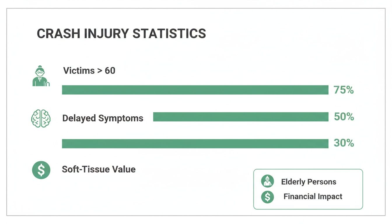 Crash injury statistics showing 75% victims over 60, 50% delayed symptoms, and 30% for soft-tissue value.