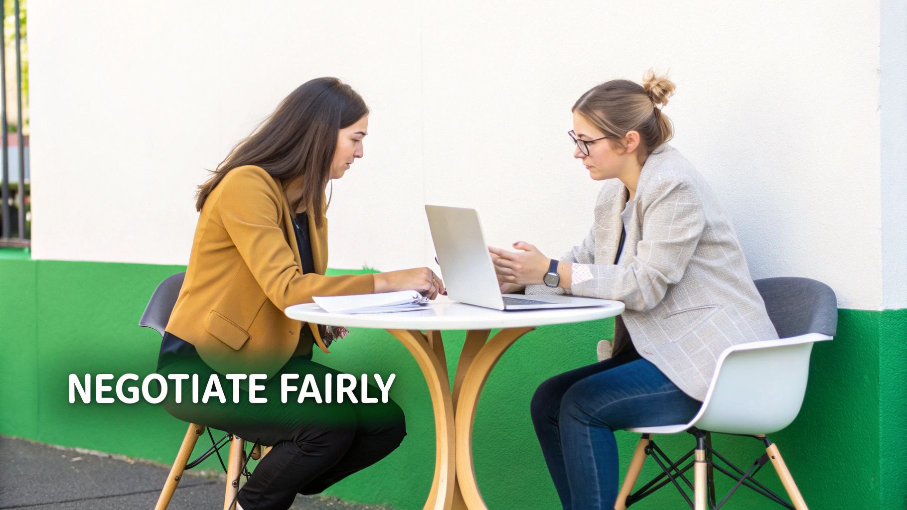 Two people in a professional setting shaking hands across a desk, negotiating an agreement.