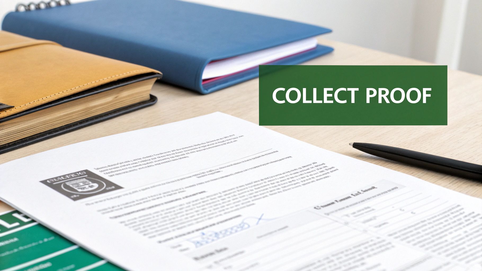 A person organizing documents like repair receipts and photos for an insurance claim.