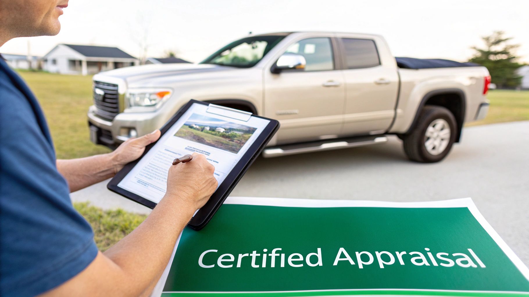 A person signs a certified appraisal document on a clipboard, with a pickup truck in the background.