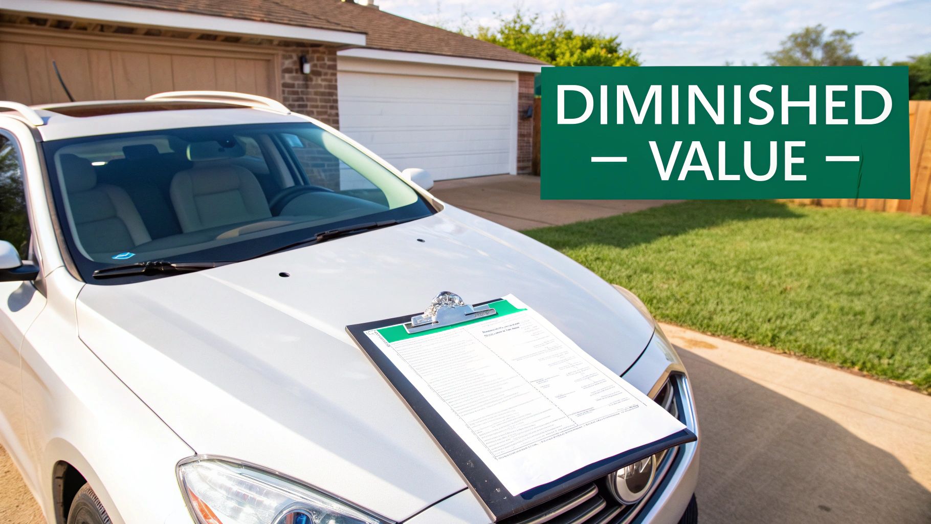 A white car with a clipboard on its hood in a driveway, with “Diminished Value” text.