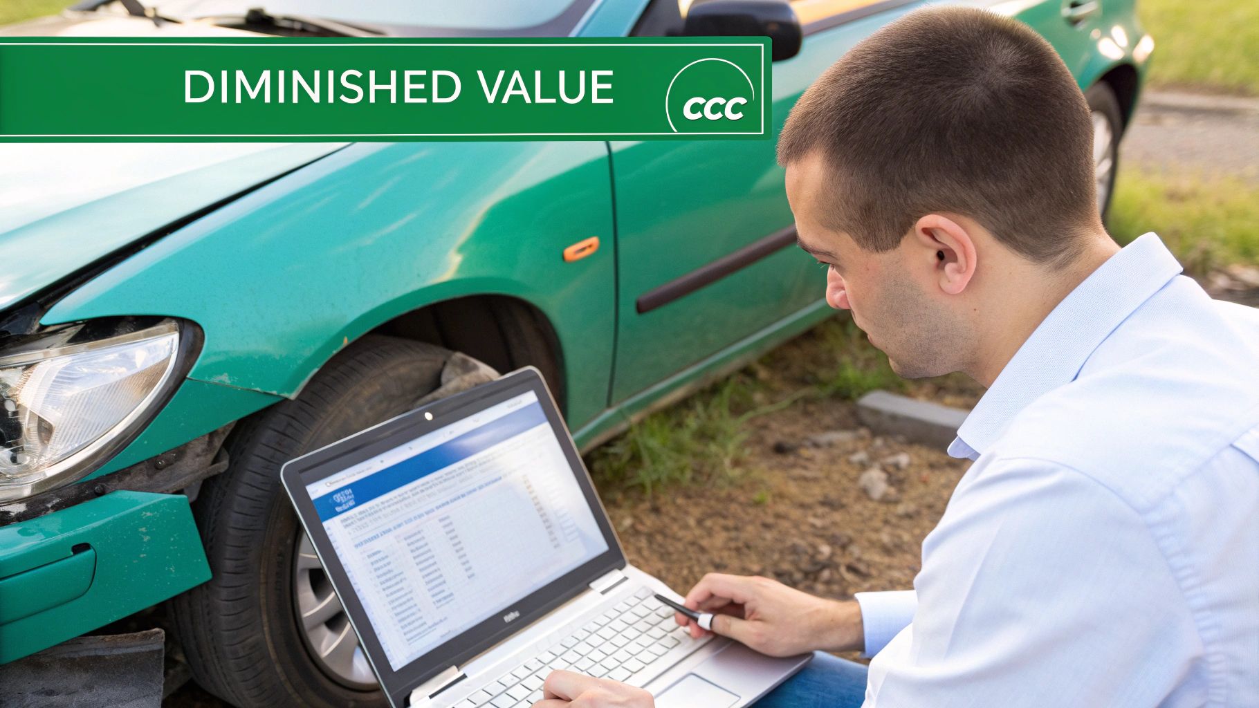 Professional assesses a damaged green car's diminished value on a laptop computer.