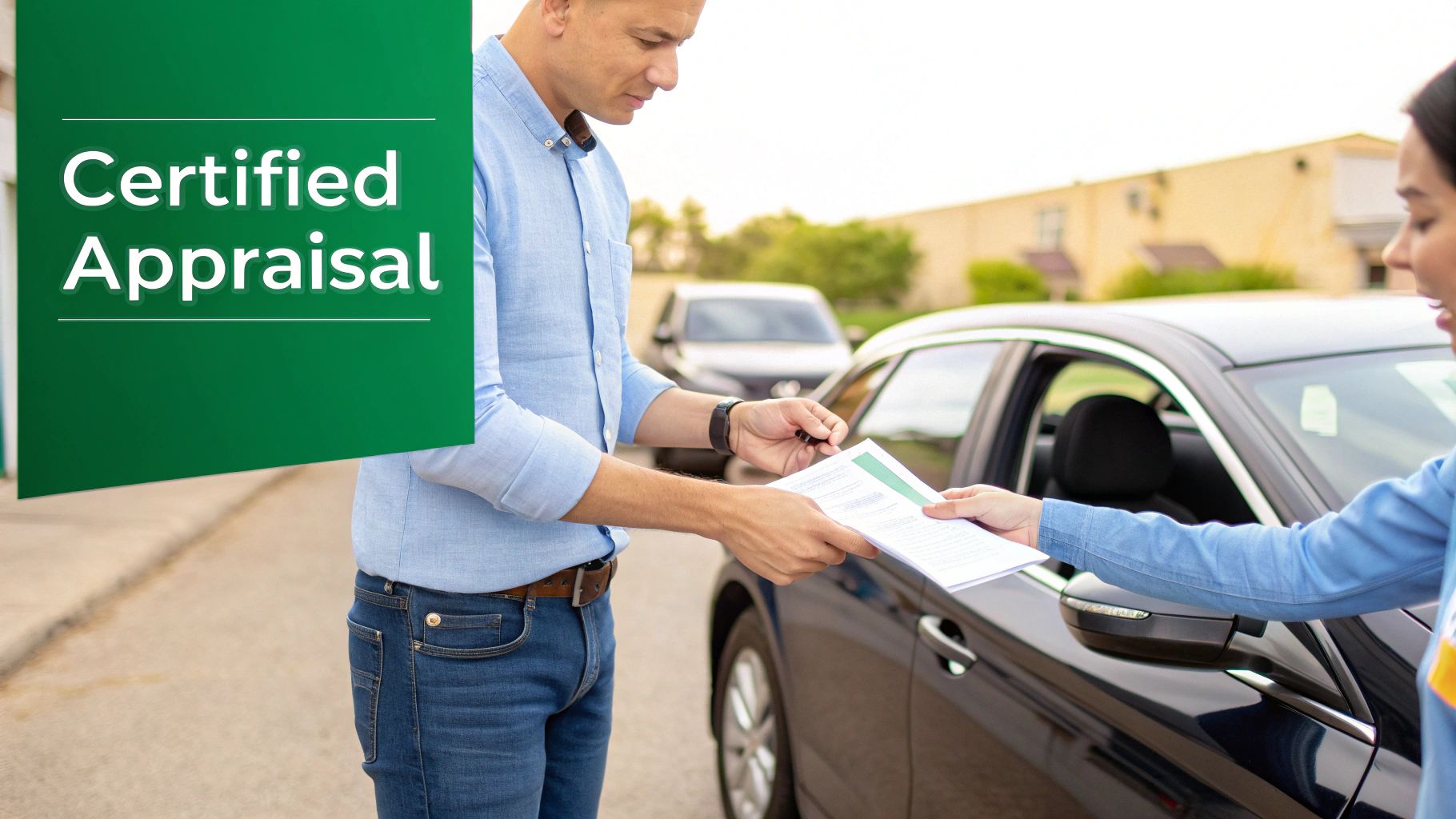 Man and woman exchanging certified car appraisal documents next to a vehicle.