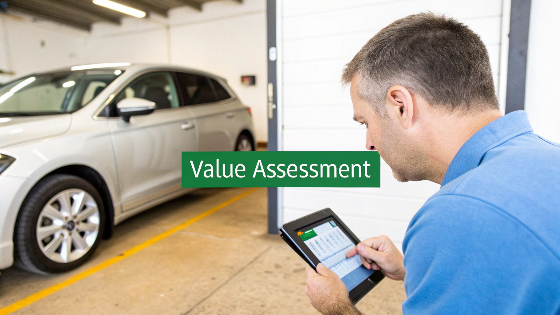 A man uses a digital tablet to perform a value assessment on a silver car in a garage.
