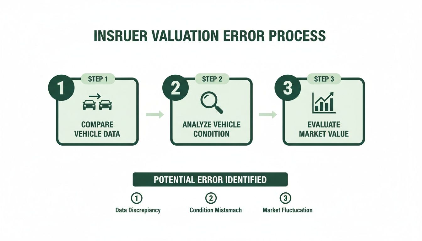 Flowchart illustrating the 3-step insurer valuation error process: compare data, analyze condition, evaluate market value.