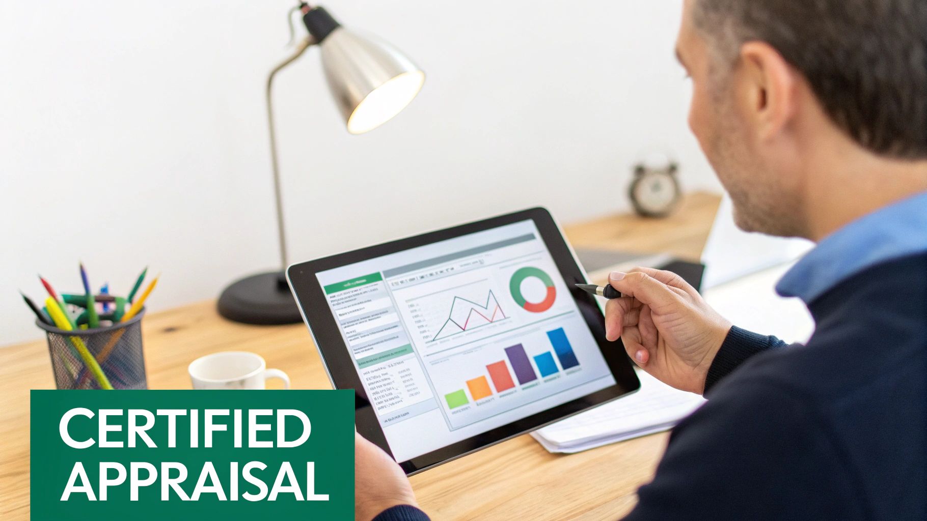 A man reviews charts and graphs on a tablet at a desk, with 'CERTIFIED APPRAISAL' text.