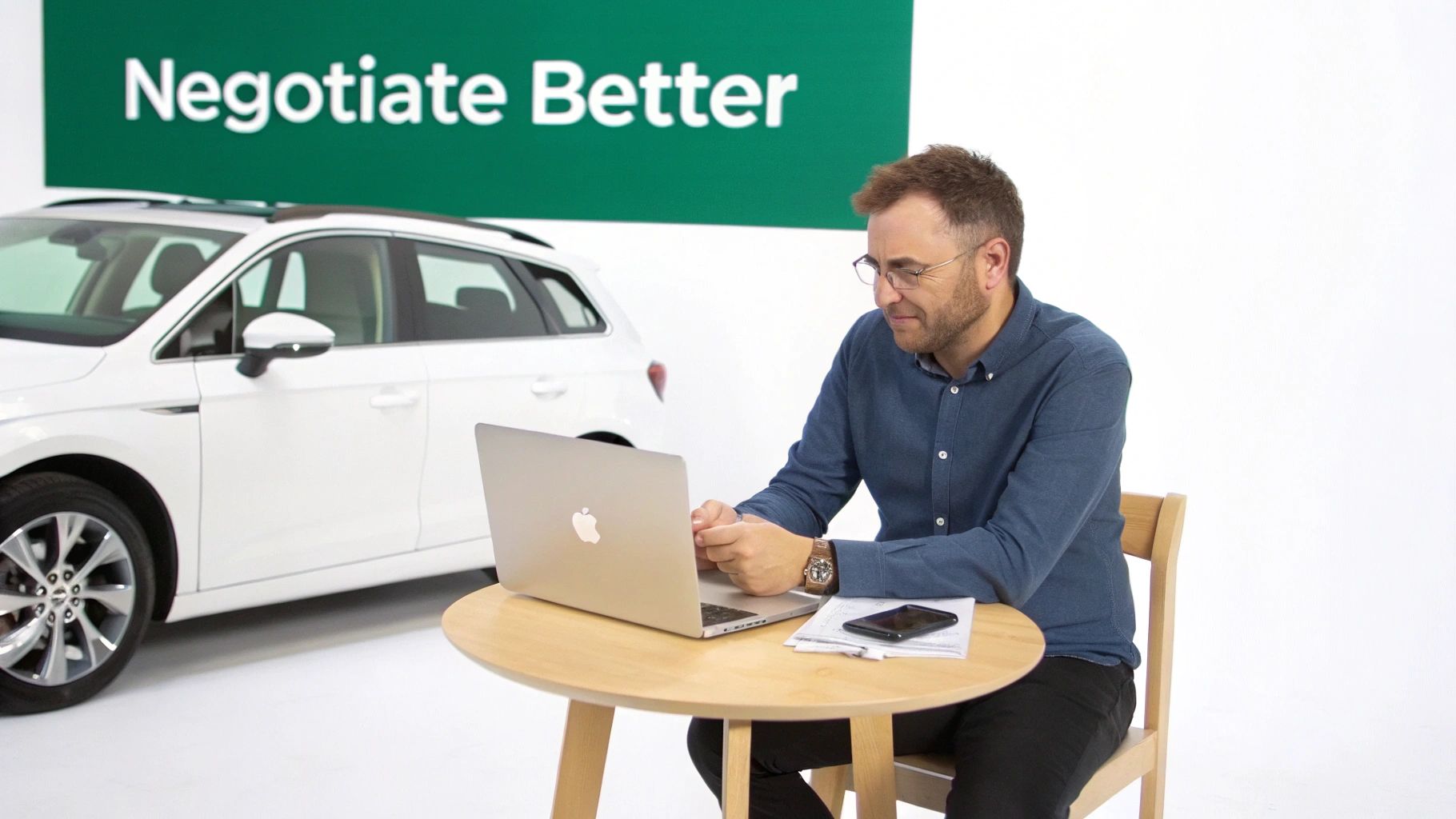 A person reviewing documents at a desk with a car key and calculator nearby.