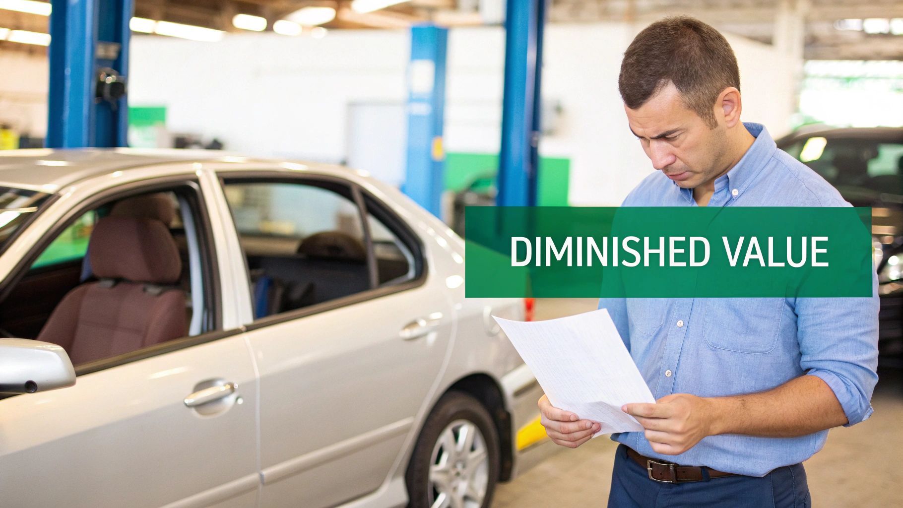 A man in a blue shirt in a car repair shop examining documents with 'DIMINished VALUE' overlay.