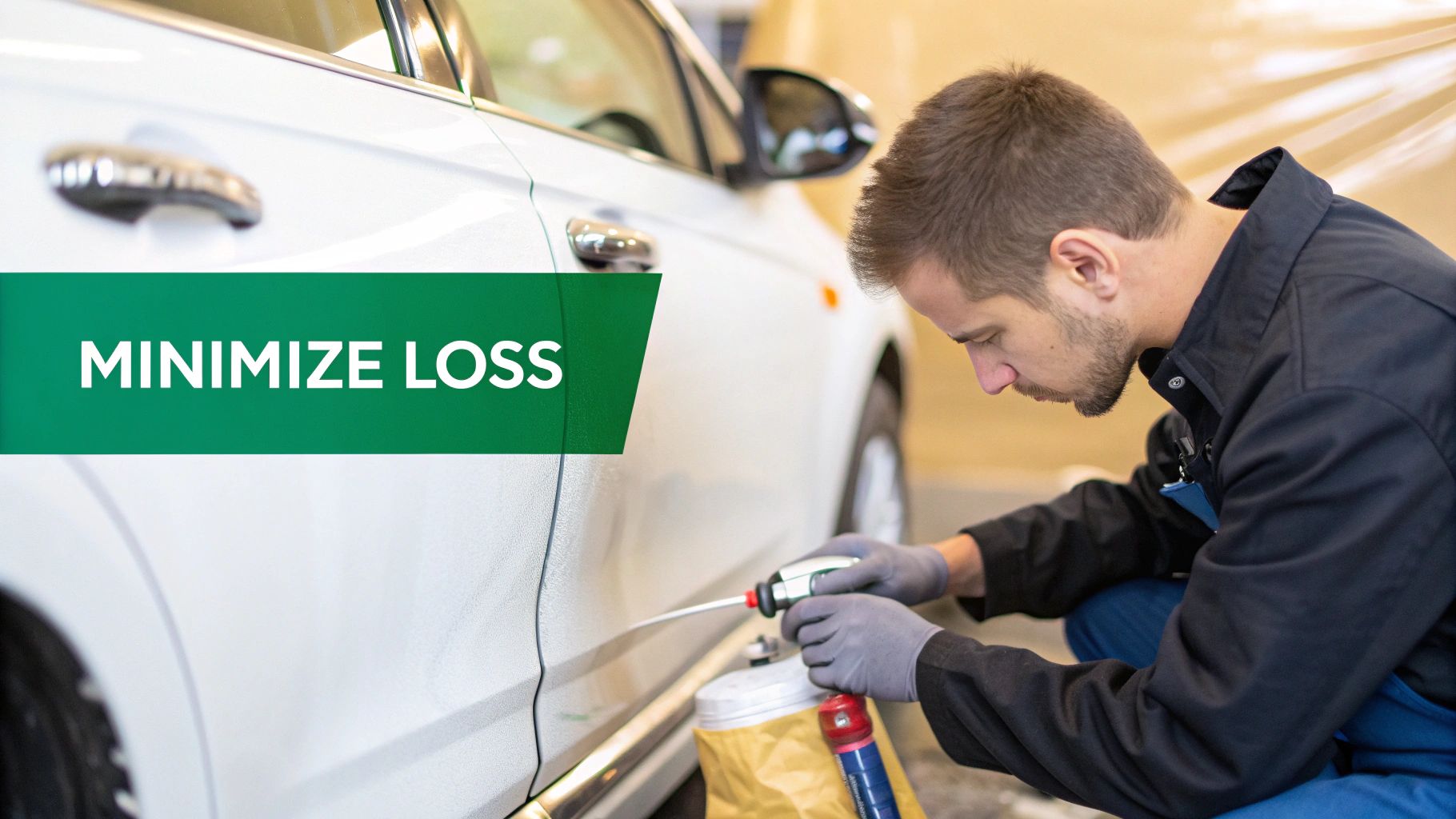 An insurance adjuster inspects car damage with a clipboard.