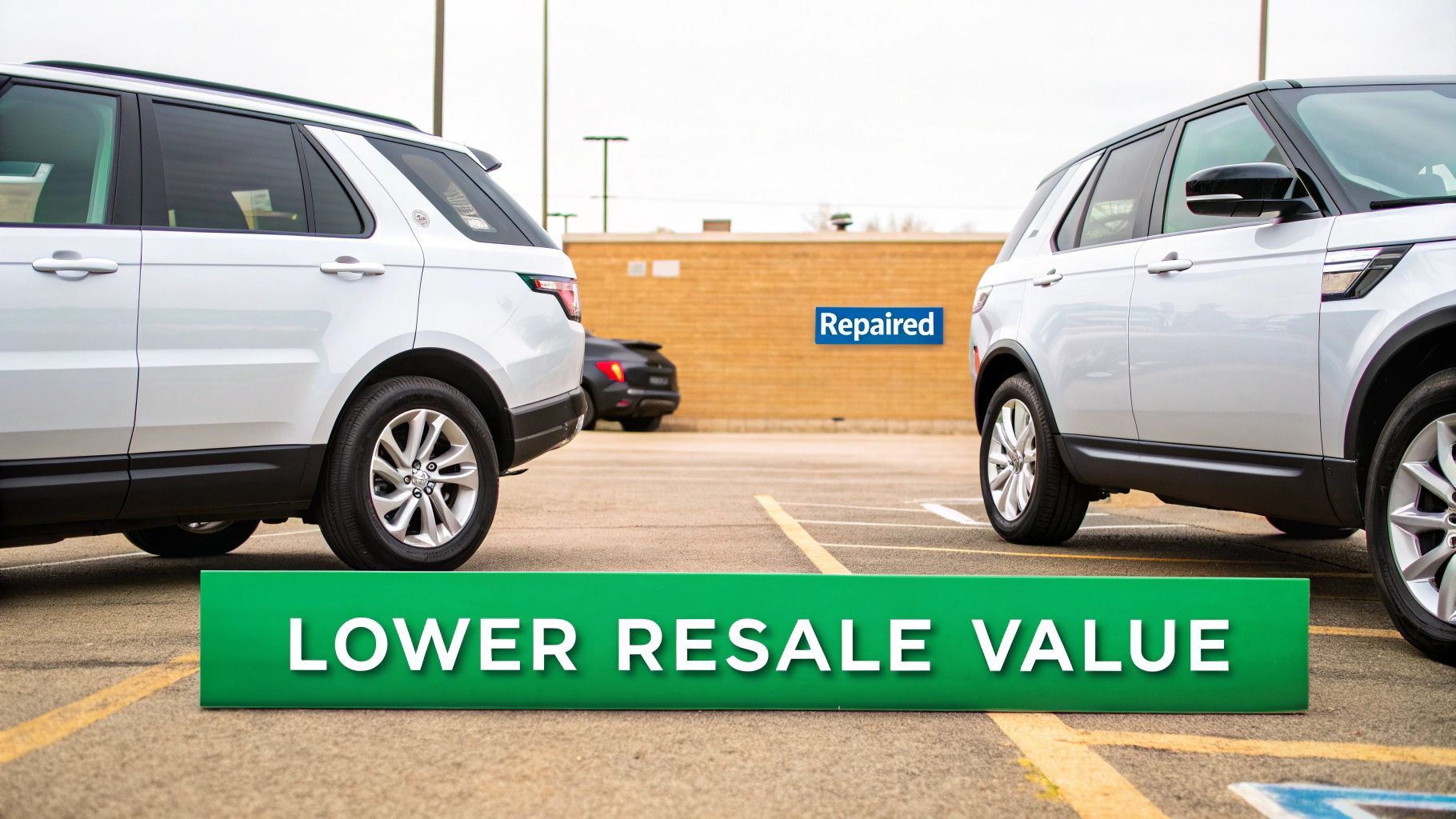 Two white SUVs in a parking lot with a 'Repaired' sign and 'Lower Resale Value' banner.