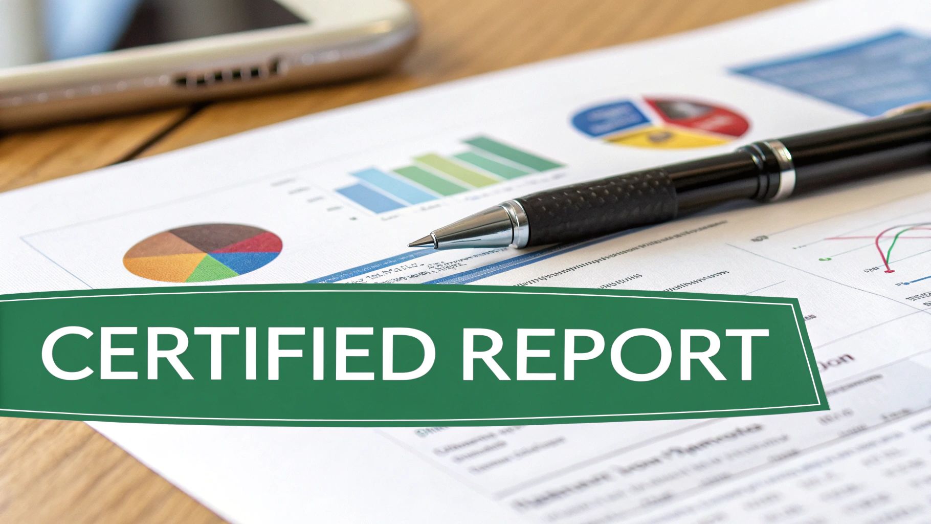 A green banner reading 'CERTIFIED REPORT' overlaid on a document with financial charts, a pen, and a smartphone.