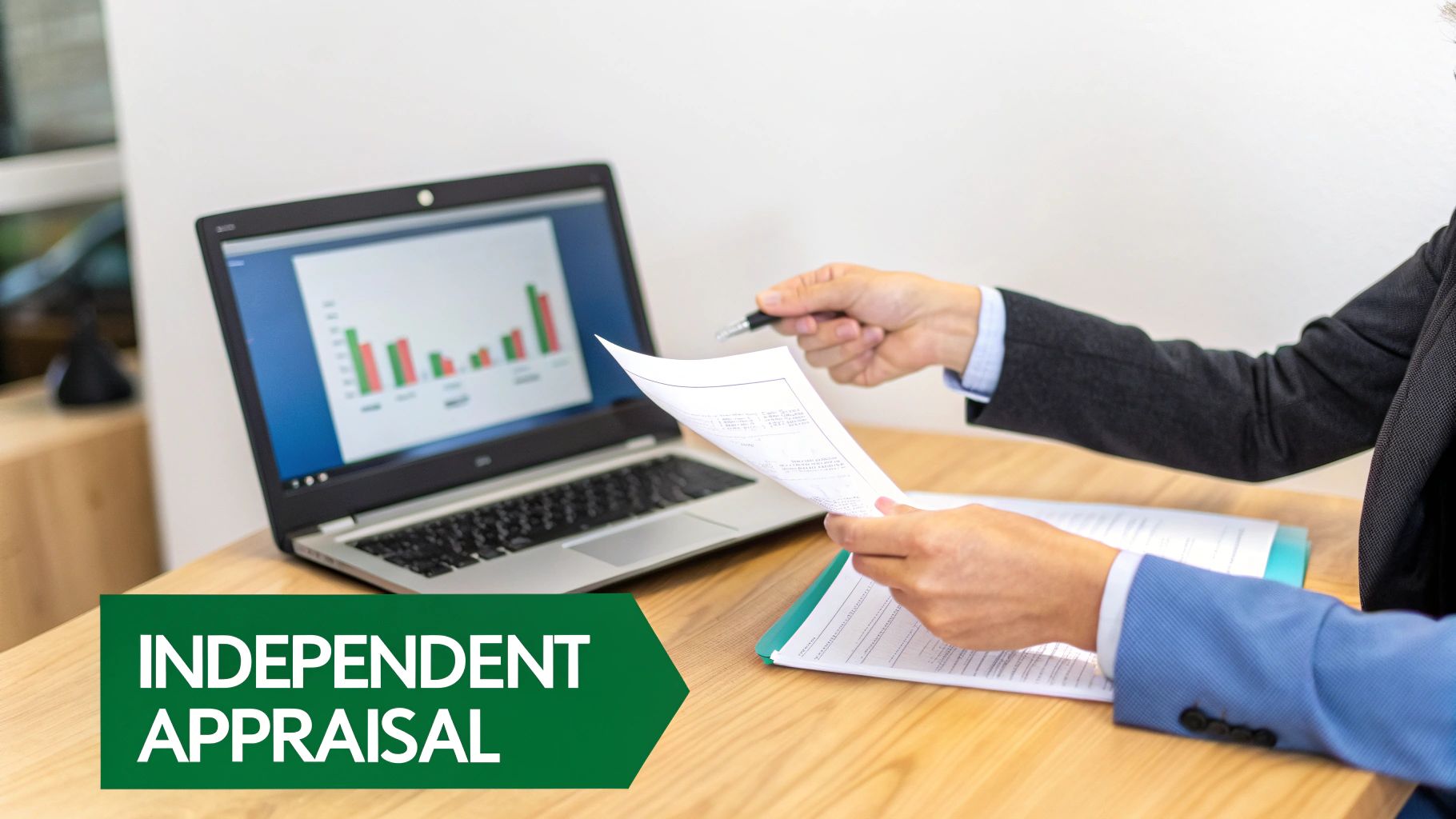 Two professionals reviewing documents and a laptop with a bar chart, emphasized by 'Independent Appraisal'.