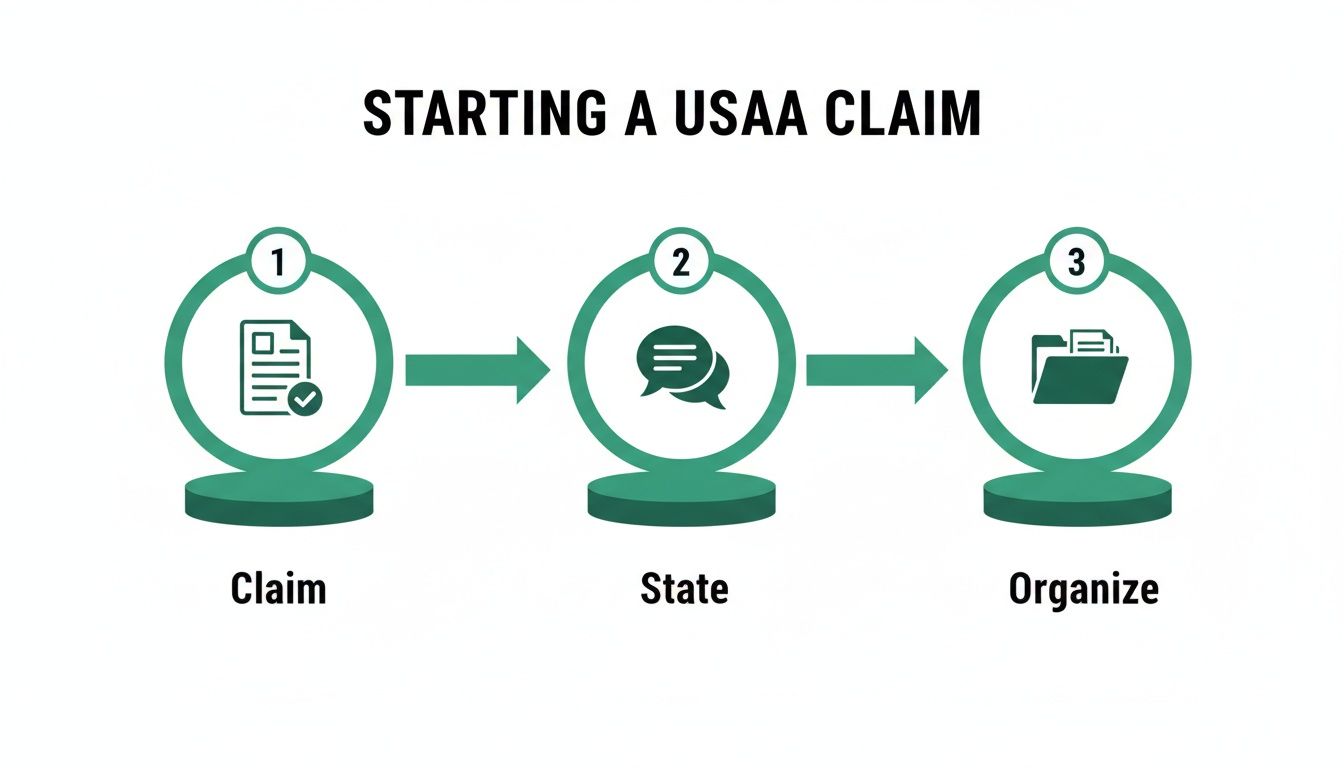 A three-step diagram illustrates how to start a USAA claim: Claim, State, Organize.