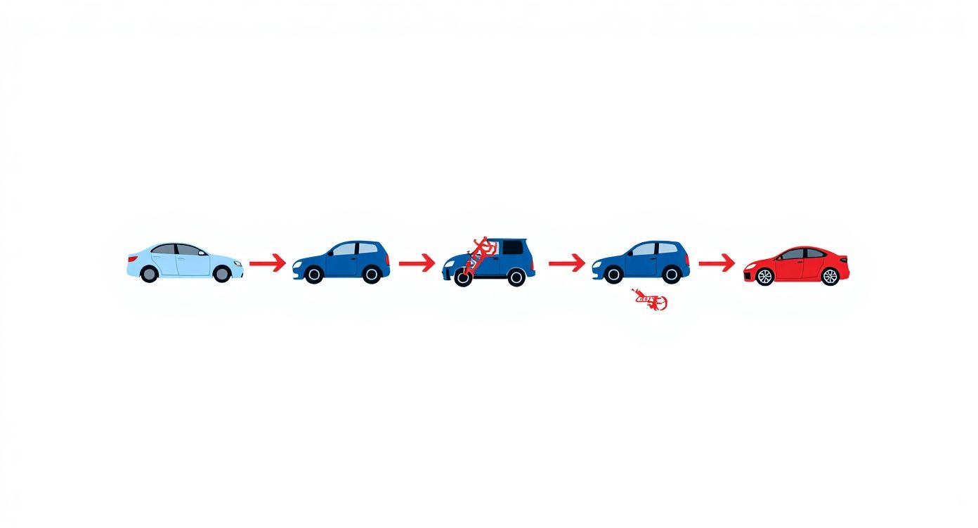 A visual sequence showing cars, including a damaged blue SUV, representing value changes over time.