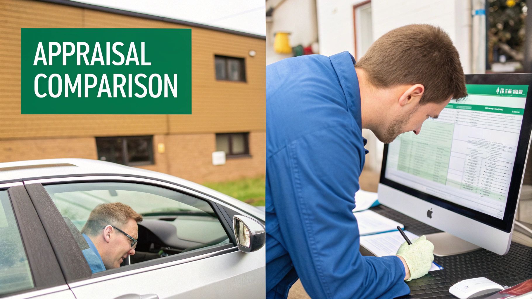 A magnifying glass held over a car's VIN number, symbolizing a detailed vehicle appraisal.