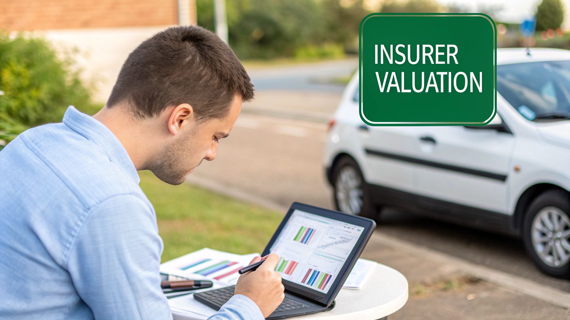 A man analyzes data on a laptop, with a white car and an 'Insurer Valuation' sign in the background.