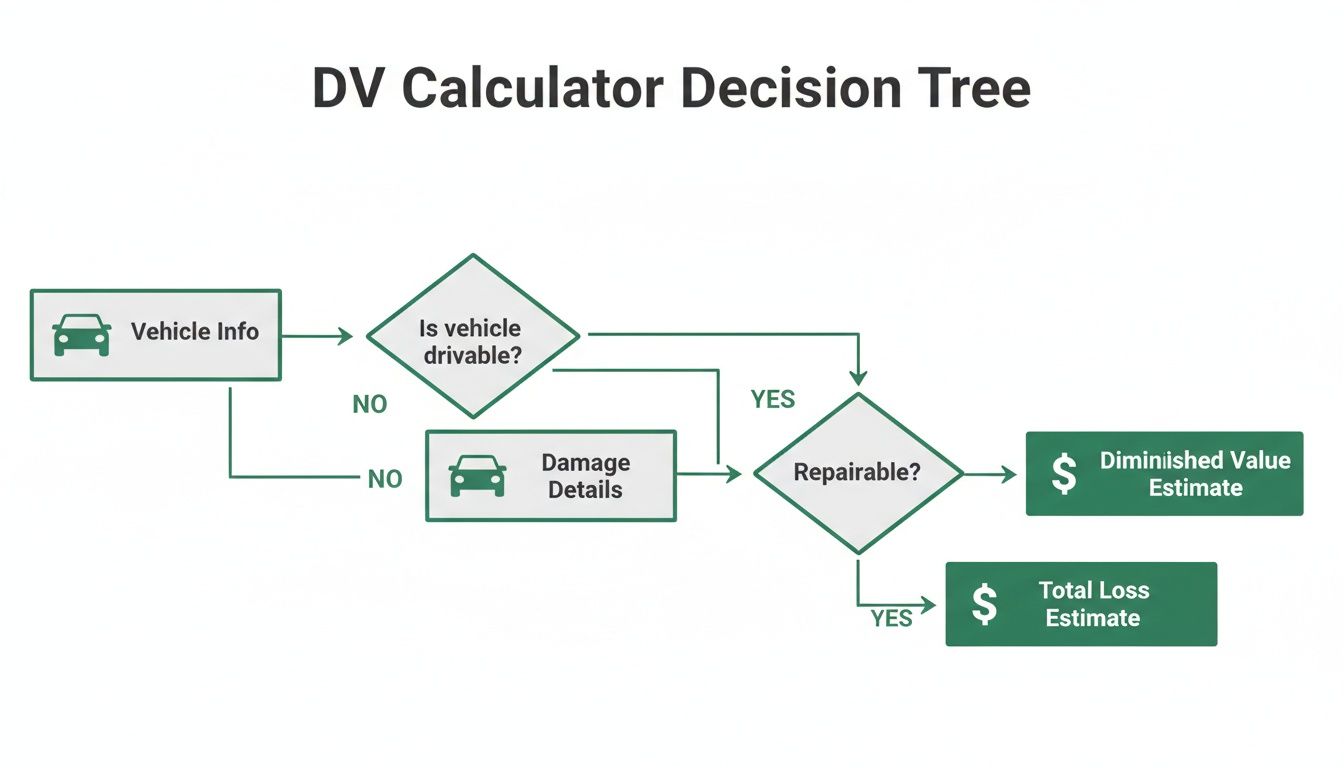 Flowchart detailing the process for estimating a vehicle's diminished value or total loss.