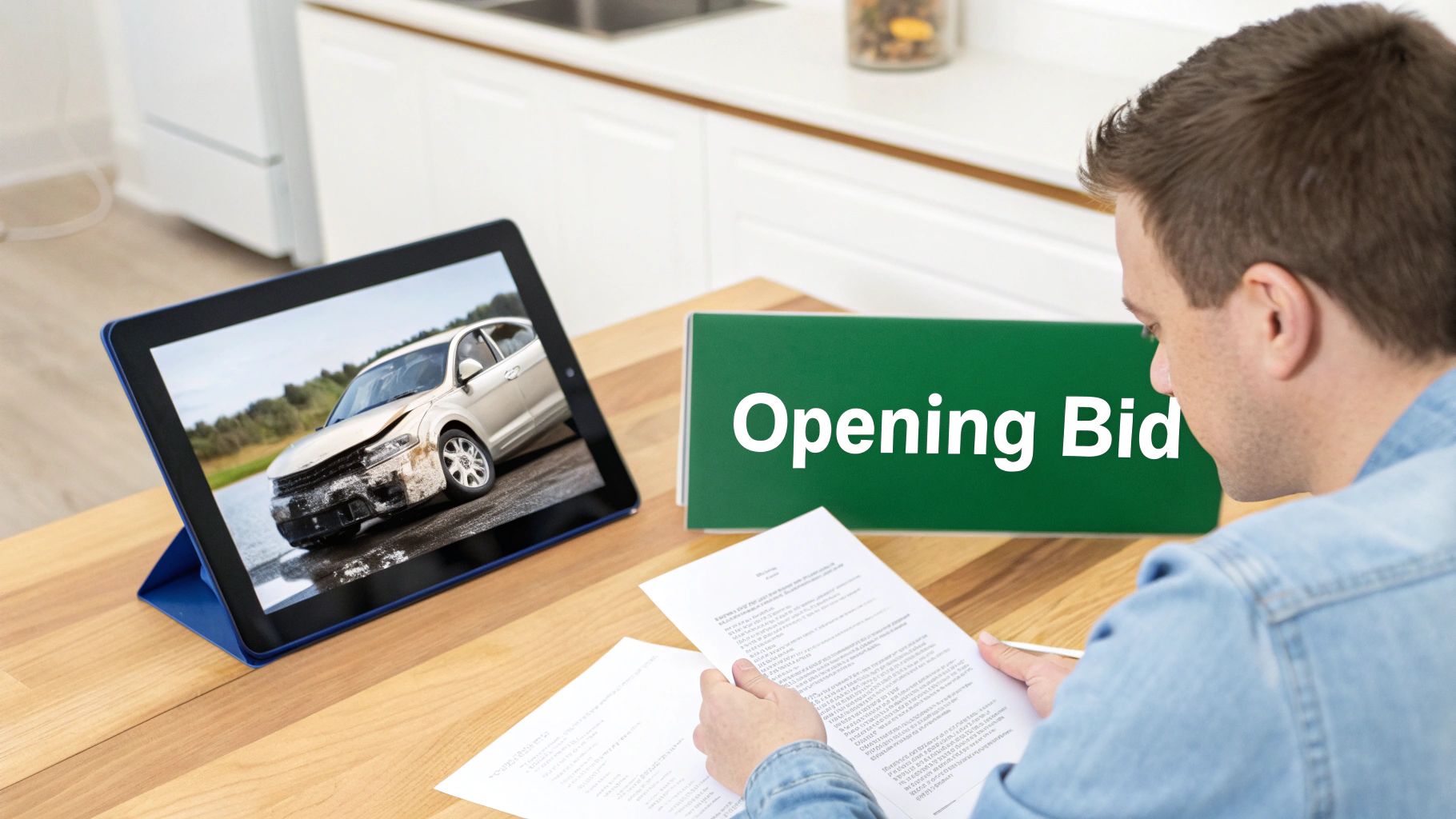A man reviews documents, while a tablet displays a severely damaged car, with an "Opening Bid" sign.