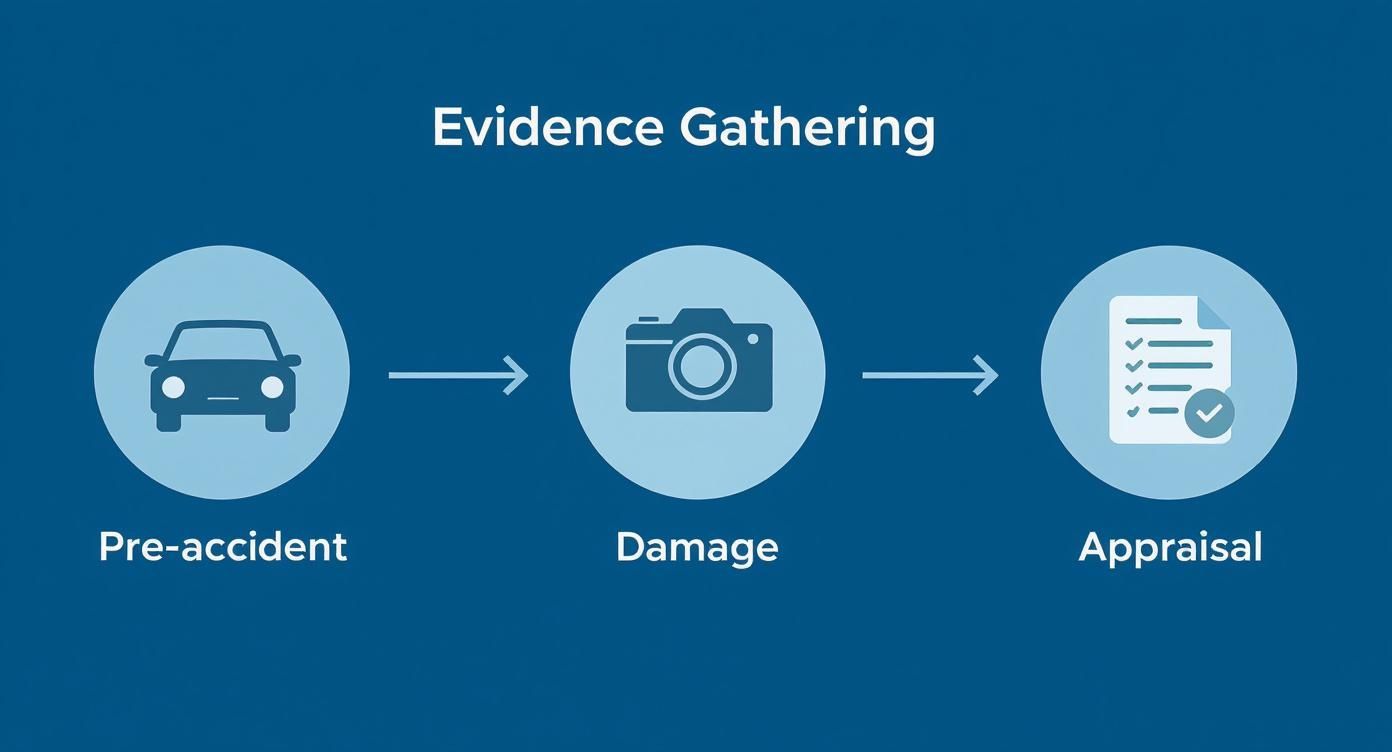 Infographic illustrating the evidence gathering process for a diminished value claim, showing a car pre-accident, photos of damage, and a final appraisal document.