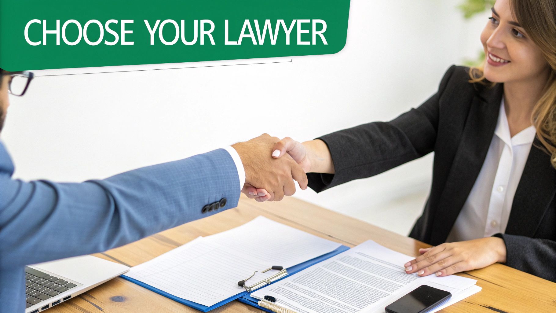 Lawyer reviewing documents with a client in a modern office.