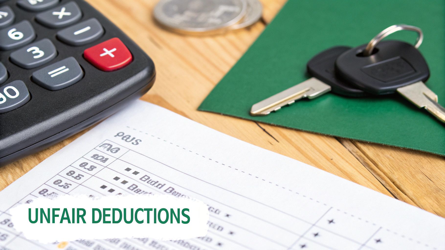 A calculator, car keys, coins, and a financial document titled "UNFAIR DEDUCTIONS" on a wooden table.