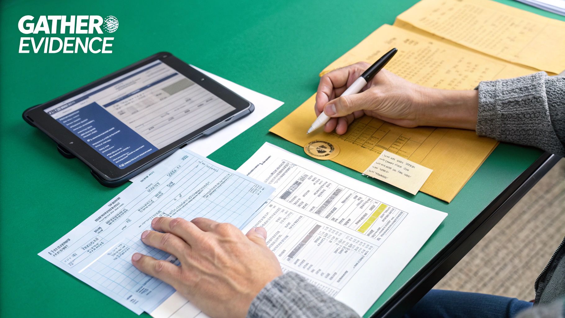 Person gathering evidence, reviewing documents, and using a tablet on a green desk.