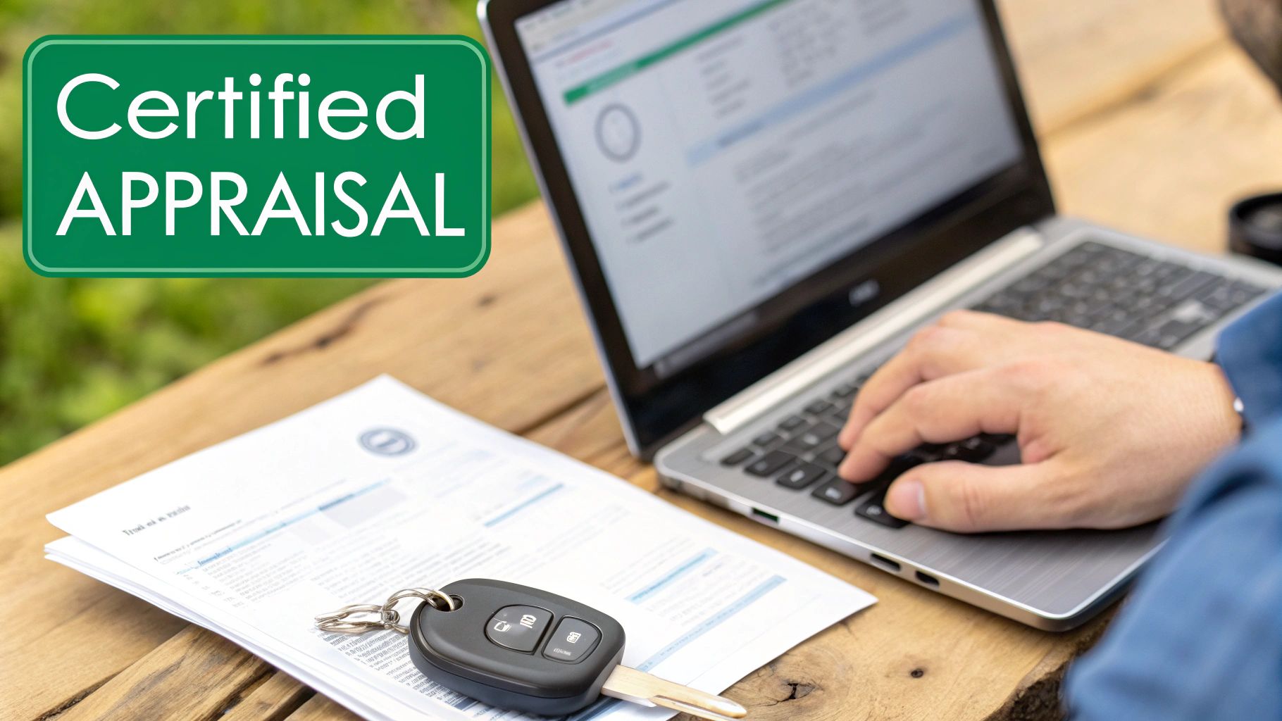 A person types on a laptop next to car keys and documents for a certified appraisal service.