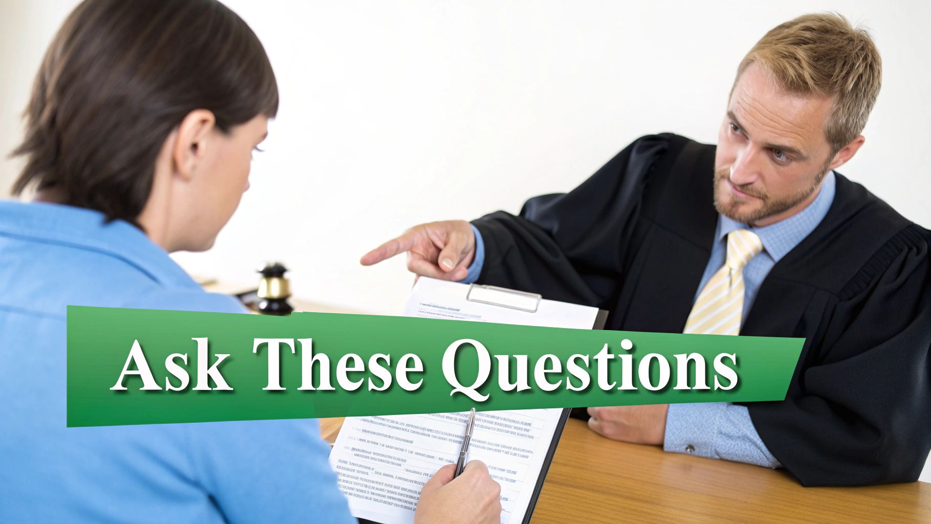 Lawyer meeting with a client in an office, reviewing documents.