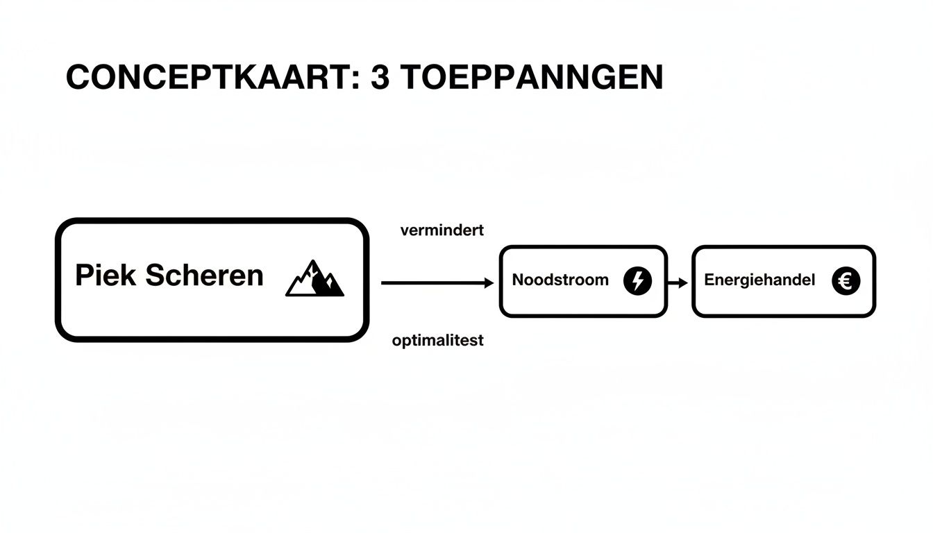Conceptkaart over industriële batterijtoepassingen: piekscheren, noodstroom en energiehandel, met pijlen die relaties aangeven.
