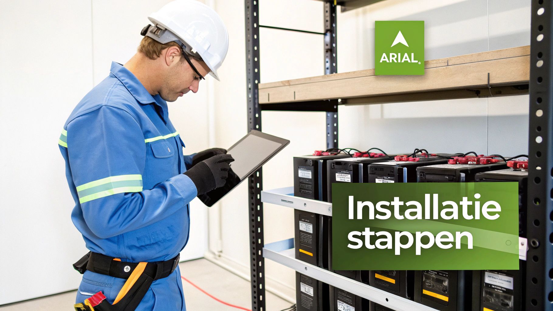 Man in uniform en helm inspecteert een tablet bij een rek met batterijopslag.