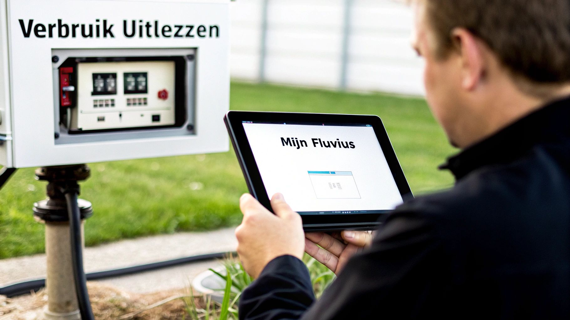 Een persoon leest het energieverbruik af van een digitale meter van Fluvius met een tablet.
