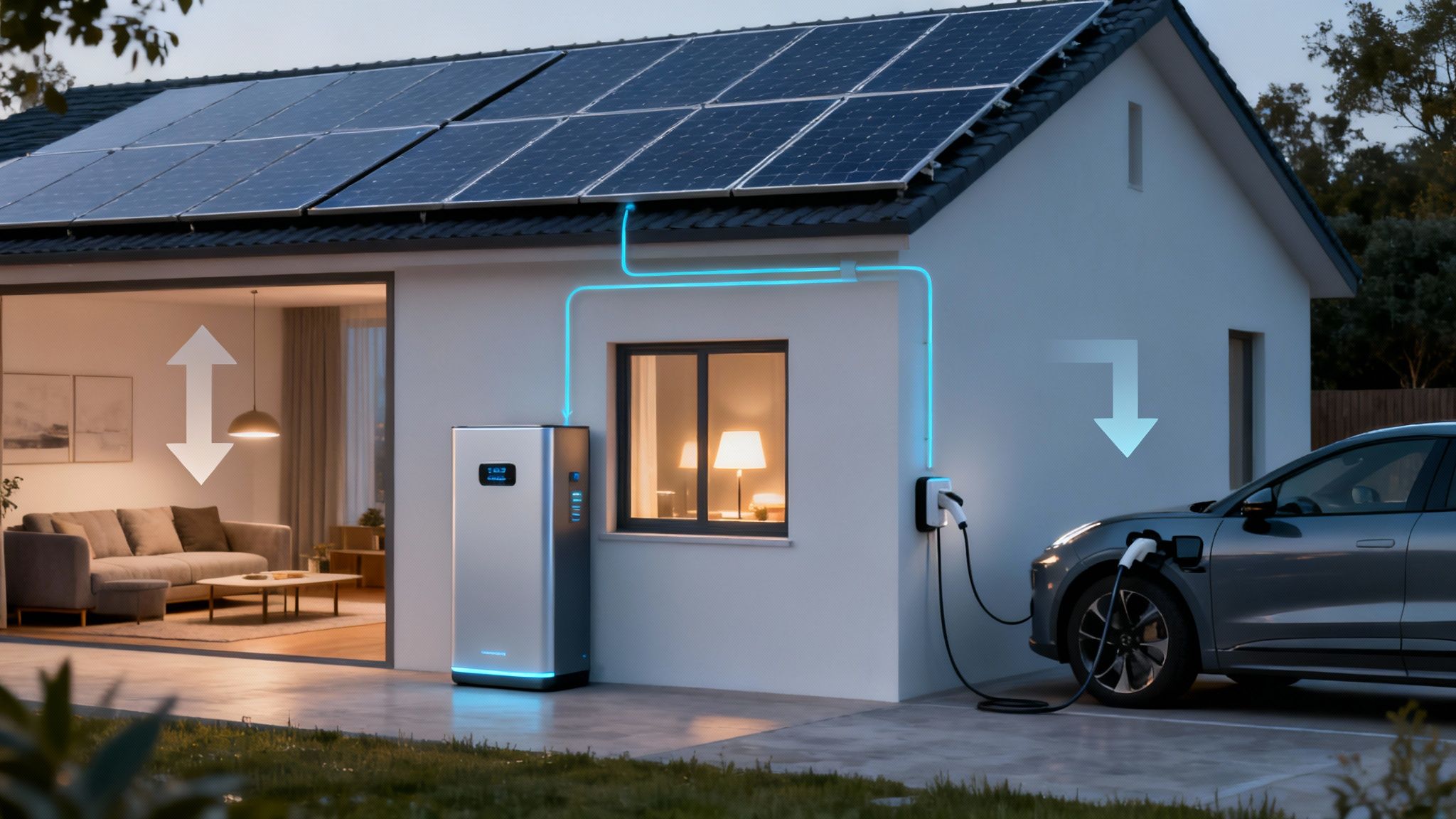 Duurzaam wonen: huis met zonnepanelen, thuisbatterij en laadpaal voor elektrische wagen.