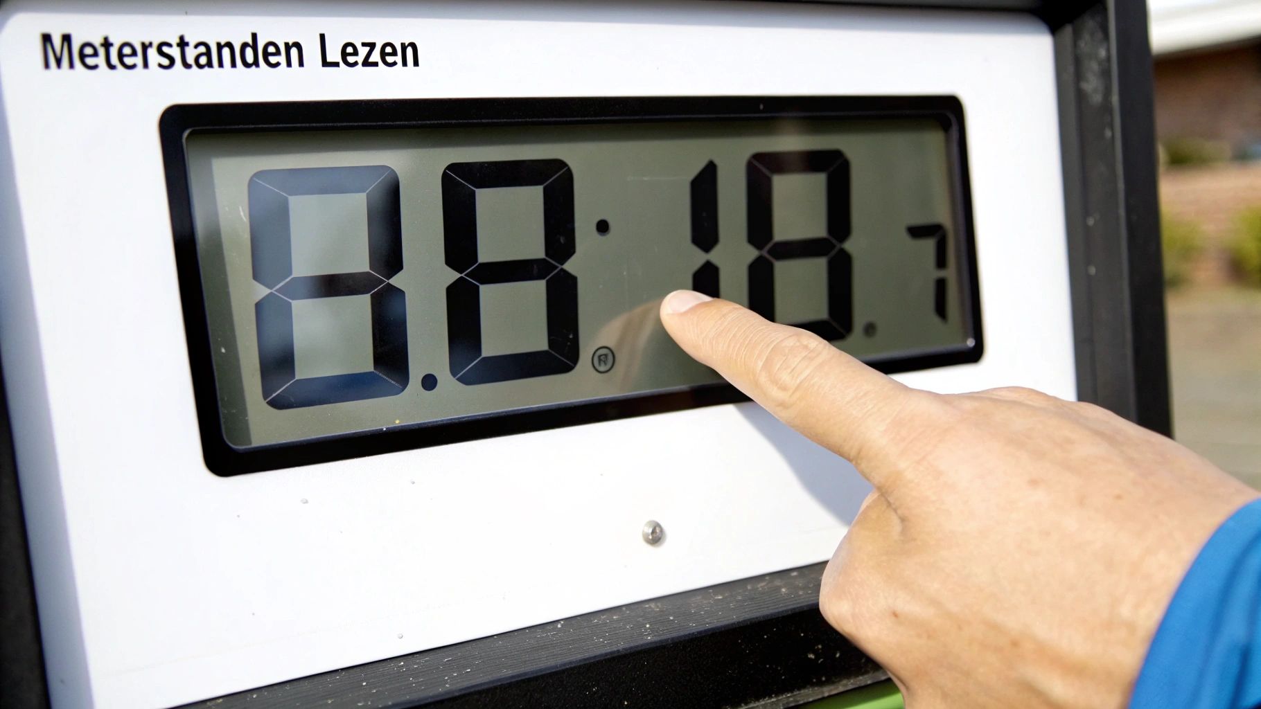 Een hand wijst naar een digitaal display met de tekst 'Meterstanden Lezen' en de cijfers 8.18.7.