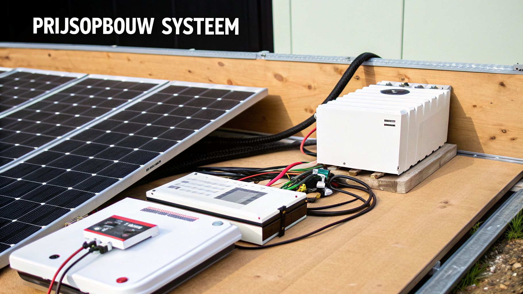 Een systeem met zonnepanelen, witte elektronische apparaten en bekabeling op een houten ondergrond buitenshuis.