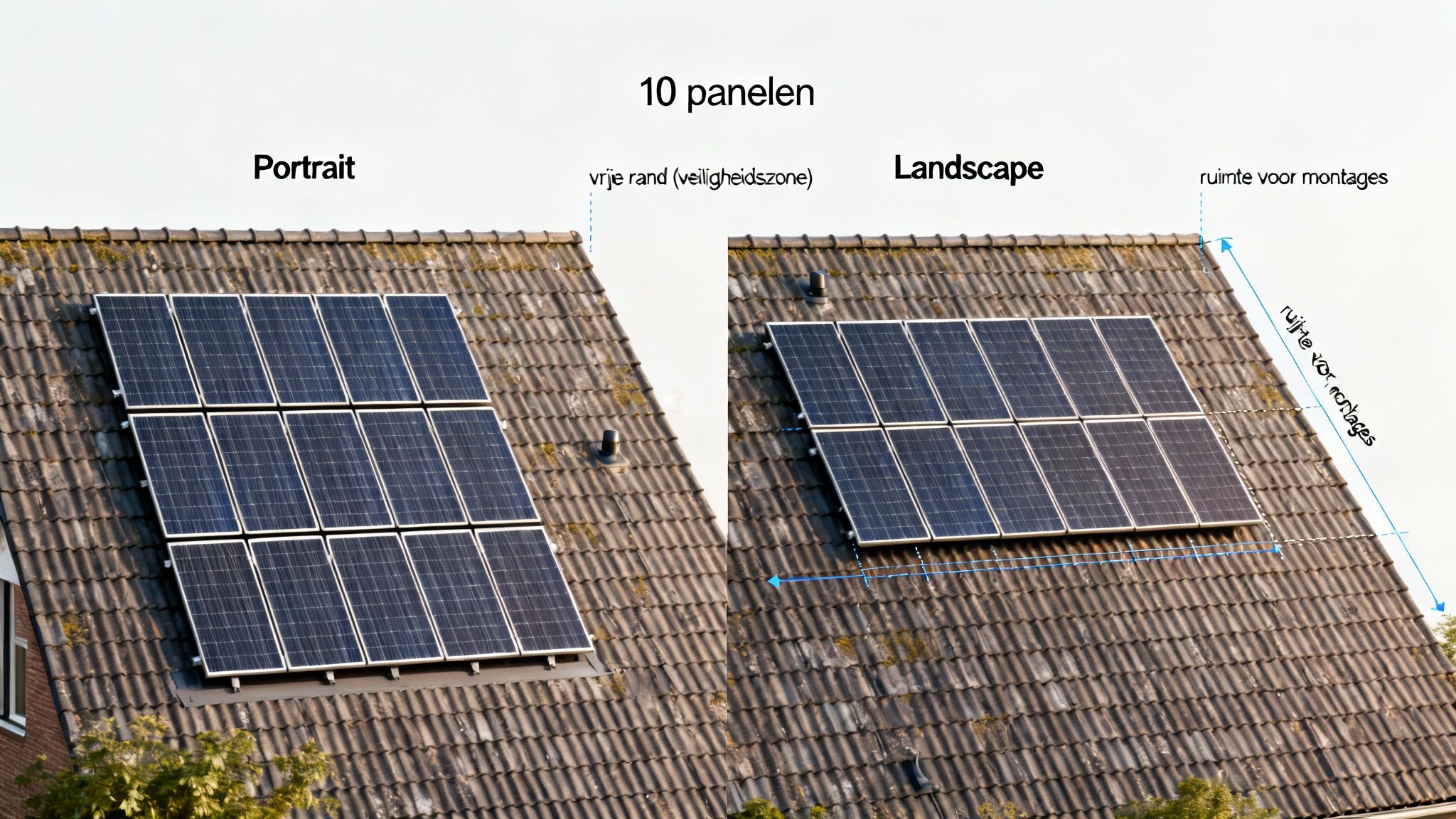 Twee opstellingen van 10 zonnepanelen op een dak: één in portret- en één in landschapsoriëntatie, met labels voor vrije rand en montageruimte.