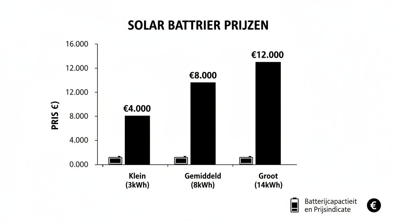 Staafdiagram toont prijzen van zonnebatterijen: Klein (3kWh) €4.000, Gemiddeld (8kWh) €8.000, Groot (14kWh) €12.000.
