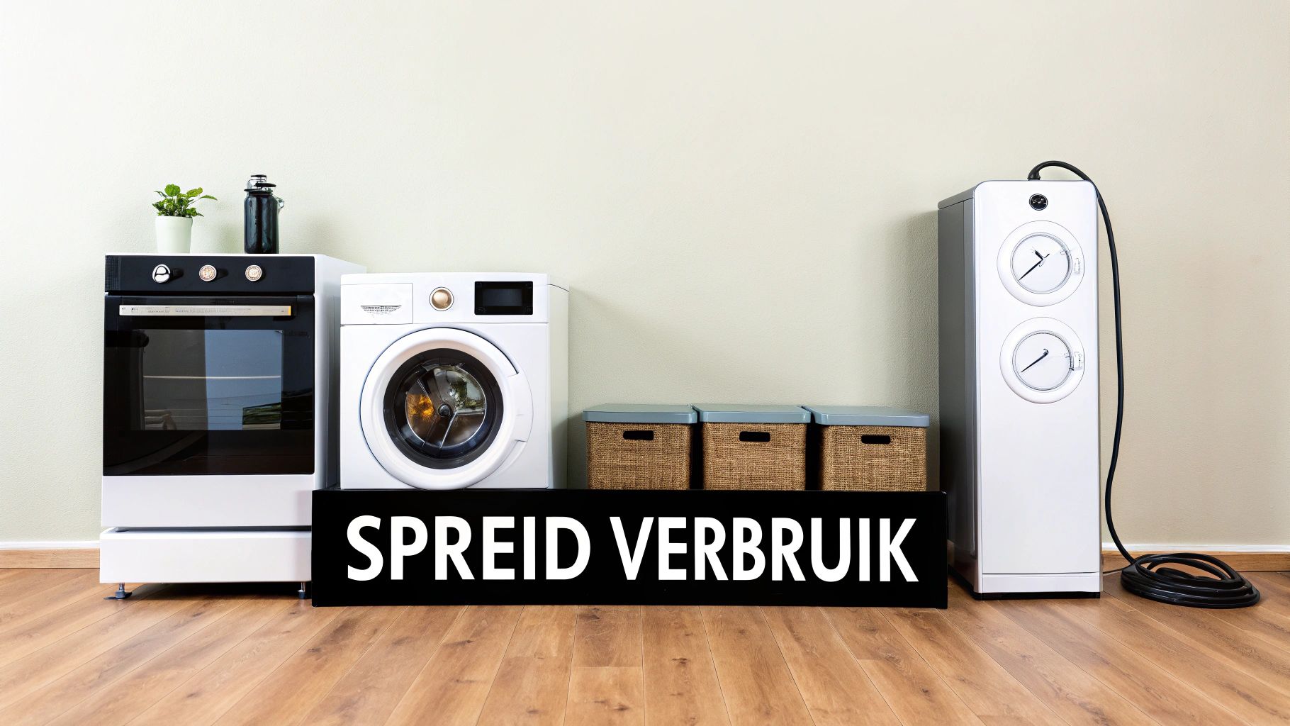 Een oven, wasmachine, energiemeter en opbergmandjes op een houten vloer met de tekst 'Spreid Verbruik'.