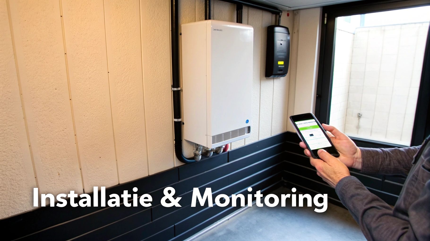 Persoon monitort zonnepanelen omvormer installatie met smartphone app voor energie beheer en controle