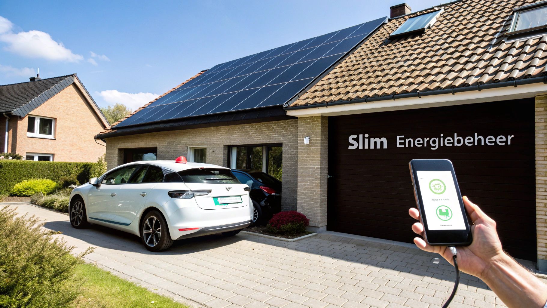 Een huis met zonnepanelen, een elektrische auto die oplaadt, en slim energiebeheer via een smartphone app.