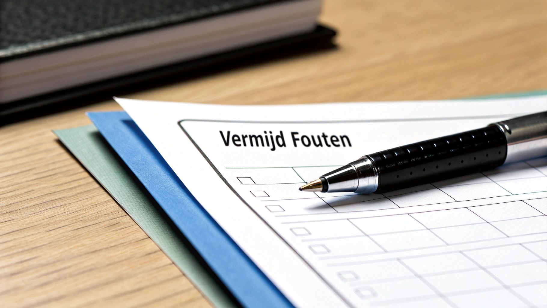Een pen ligt op een document met de tekst 'Vermijd Fouten' op een bureau.