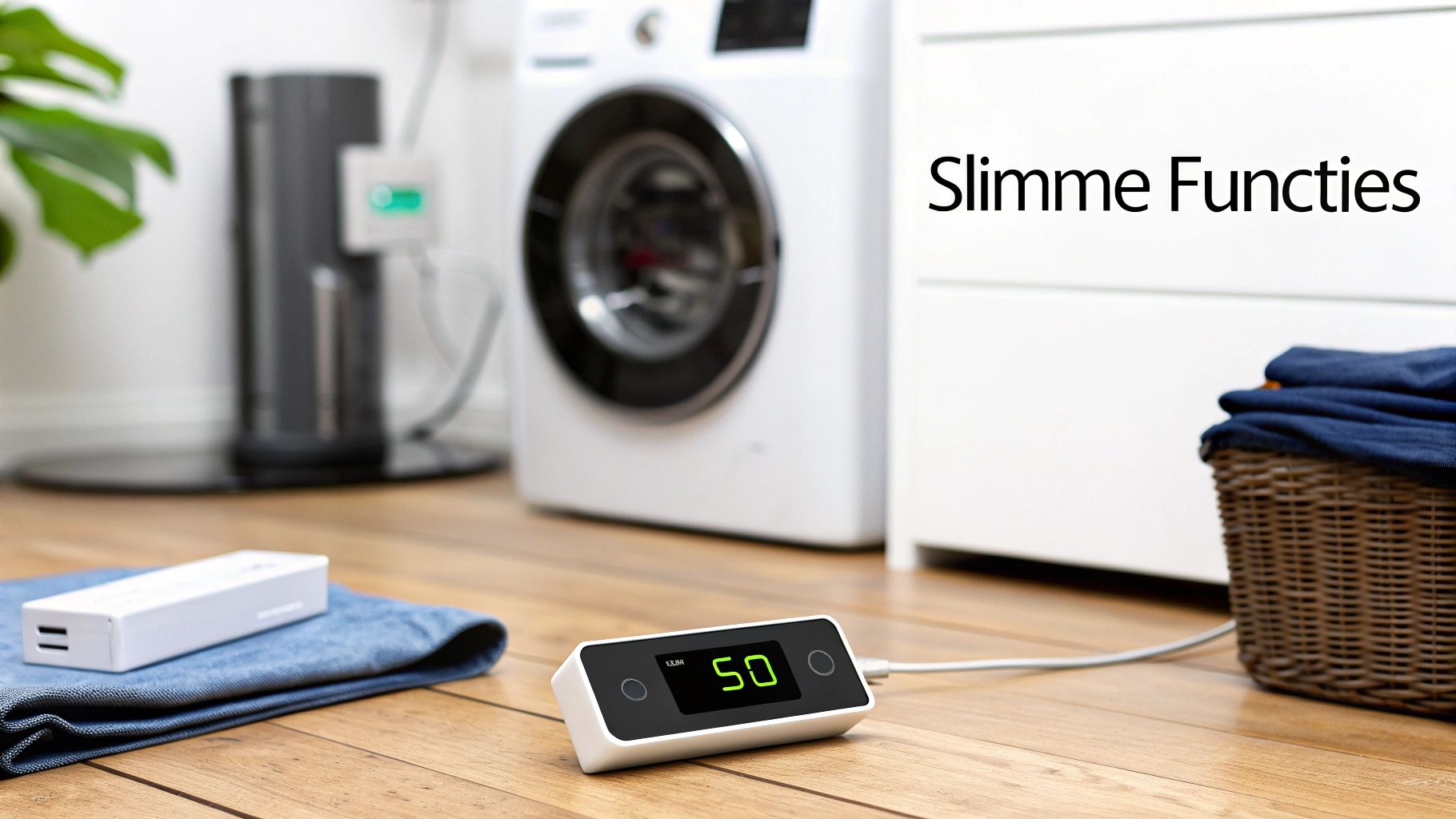 Een slimme energiemeter met digitaal display toont '50' in een moderne wasruimte.