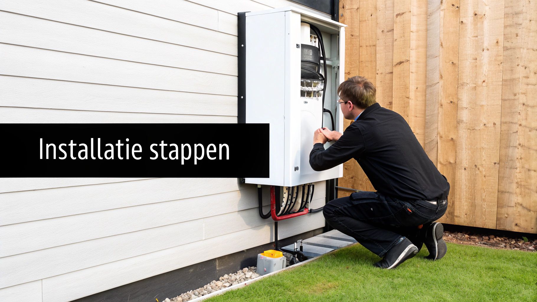 Een monteur werkt aan een witte elektrische kast aan de buitenmuur van een huis, met de tekst 'Installatie stappen'.