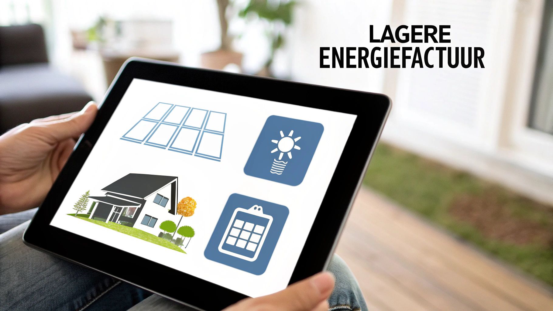 Persoon met tablet toont illustraties van zonnepanelen, een huis en energie-efficiëntie, met tekst 'Lagere Energiefactuur'.