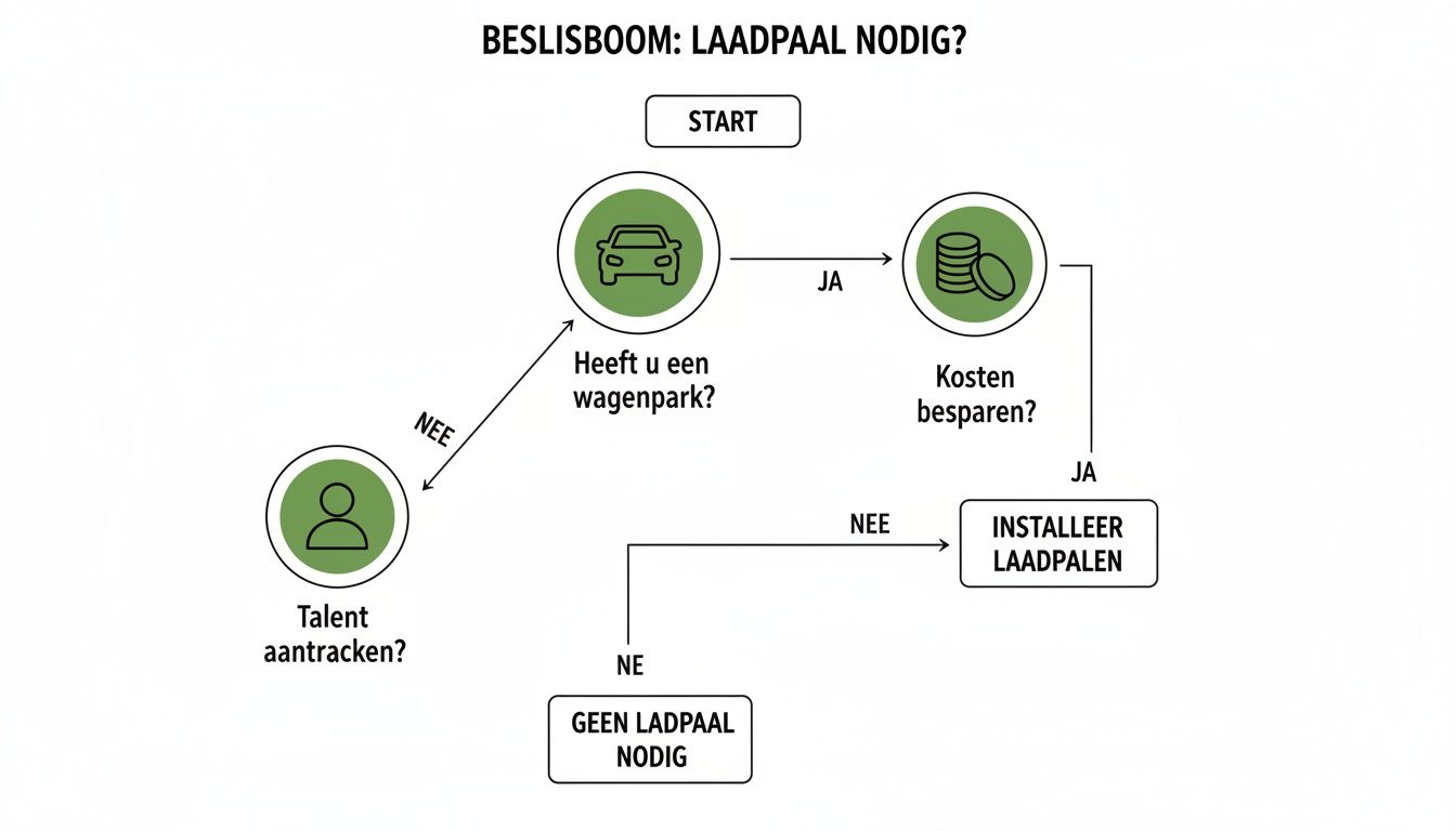 Beslisboom die stap voor stap uitlegt wanneer laadpalen voor bedrijven nodig zijn, van wagenpark tot talent aantrekken.