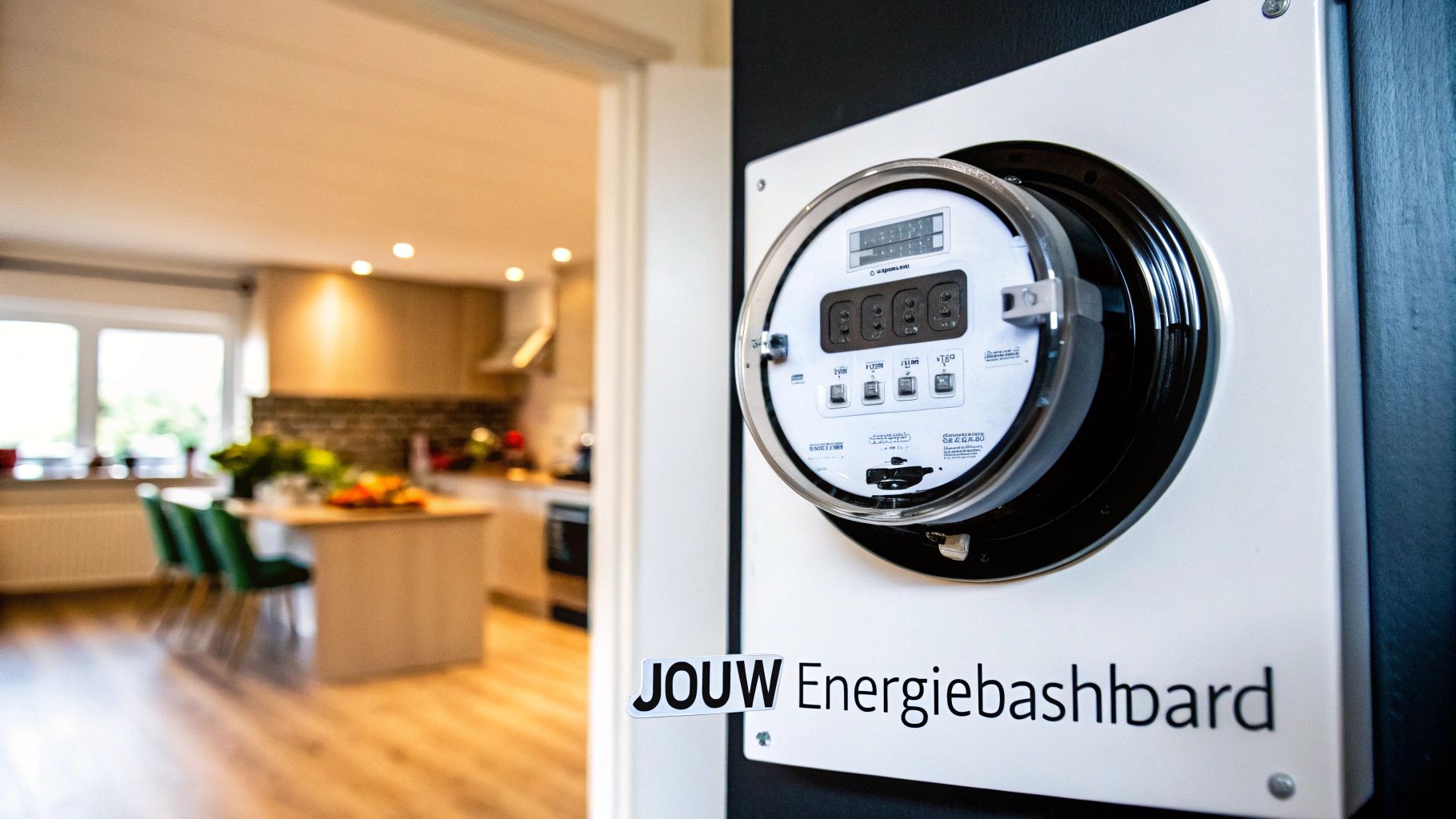 Gedetailleerde weergave van een digitale energiemeter op een wit paneel met de tekst 'JOUW Energiebashboard' en een moderne keuken op de achtergrond.