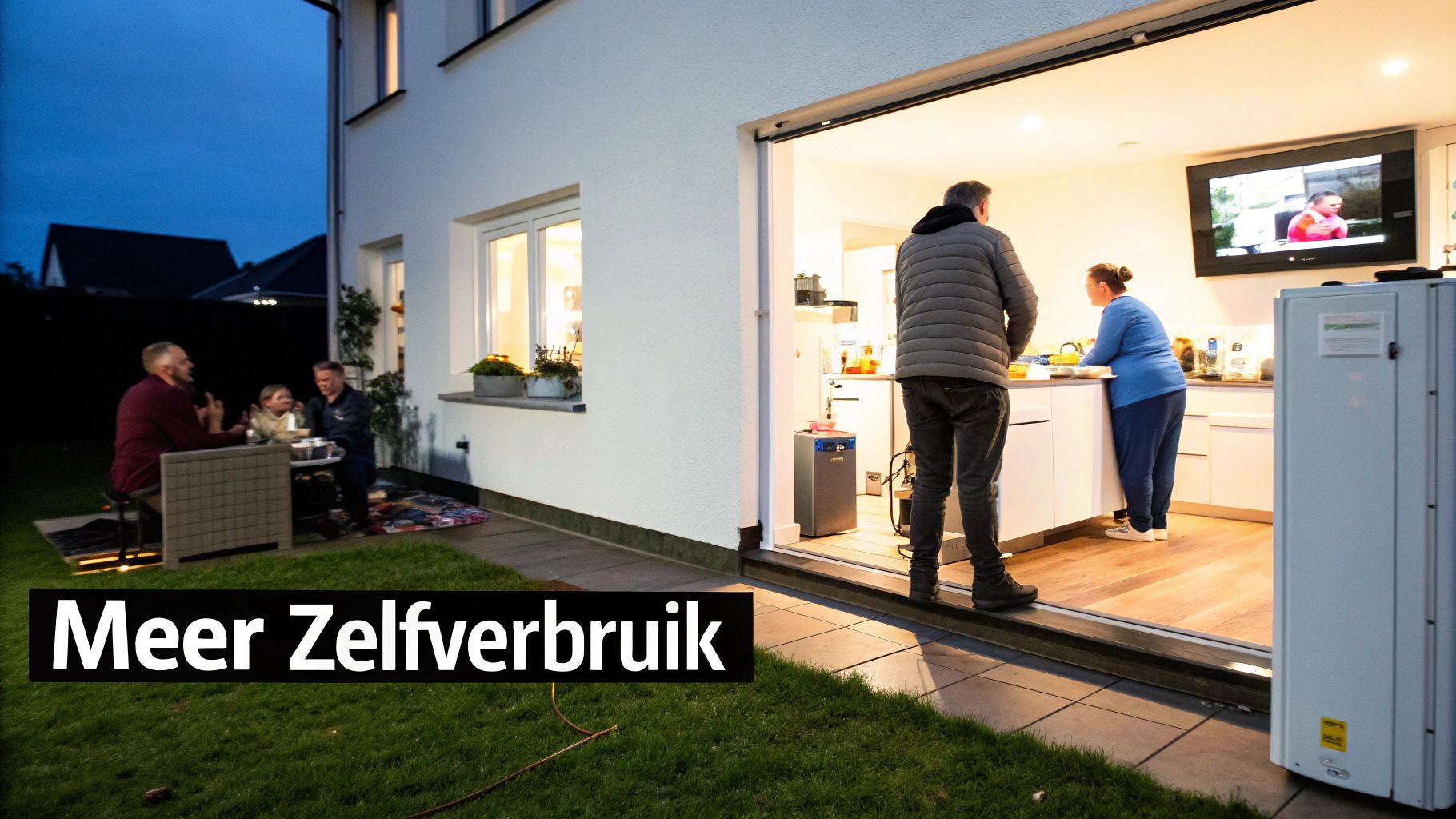 Gezin geniet van de avond, zowel binnen in de keuken als buiten op het terras. Modern huis met verlichting.