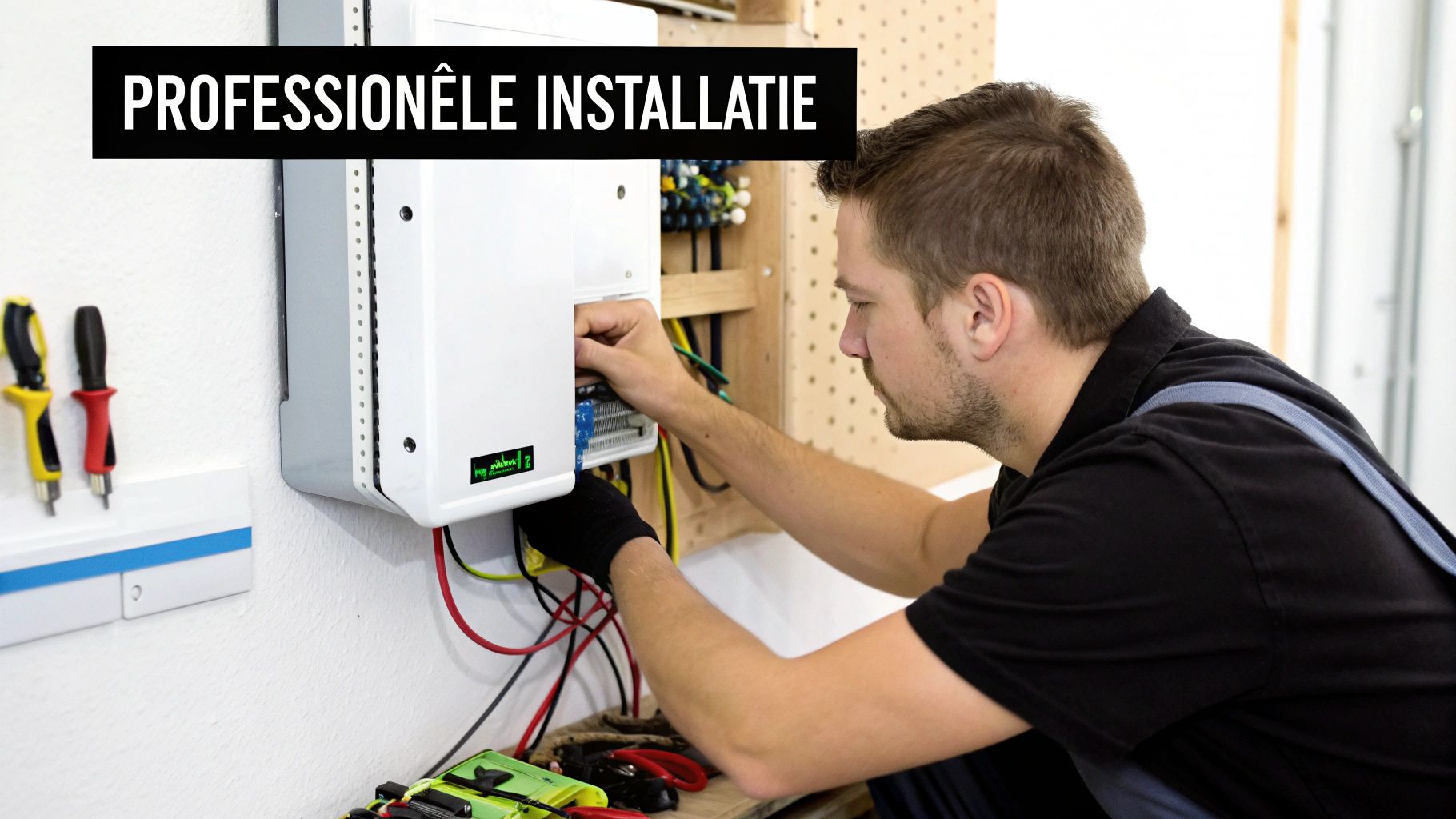 Professionele elektricien installeert batterijopslag systeem met elektrische bekabeling in moderne werkplaats