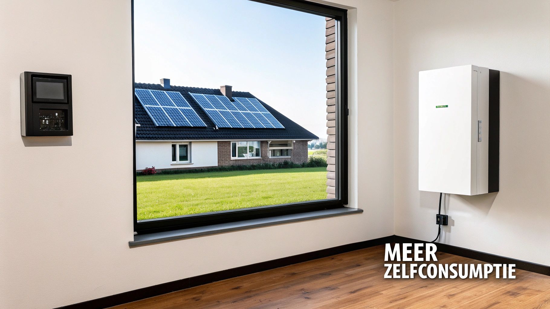 Binnenaanzicht met groot raam met uitzicht op een huis met zonnepanelen en energiebeheersystemen binnen.